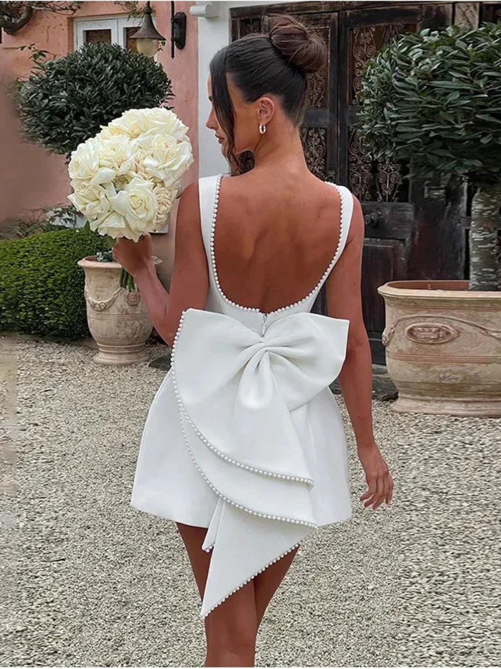 Ina White Pearl-Trim Bow Back Mini Dress